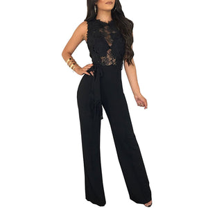 Sleeveless Lace Panel Belted Bordeaux Jumpsuit #Lace #Sleeveless #Belt SA-BLL55363-2 Women's Clothes and Jumpsuits & Rompers by Sexy Affordable Clothing