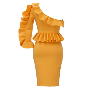 Ruffle One Sleeve Peplum Top Bodycon Dress #Bodycon Dress #Yellow SA-BLL2156 Fashion Dresses and Bodycon Dresses by Sexy Affordable Clothing