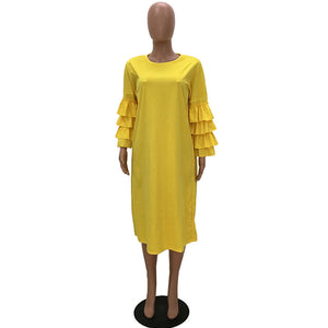 Yellow RuffleaDress #Yellow #Ruffle #Round Neck SA-BLL36221-1 Fashion Dresses and Midi Dress by Sexy Affordable Clothing