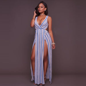 Jill Blue Stripes Slit Legs Bodysuit Maxi Dress #Blue SA-BLL81192 Fashion Dresses and Maxi Dresses by Sexy Affordable Clothing