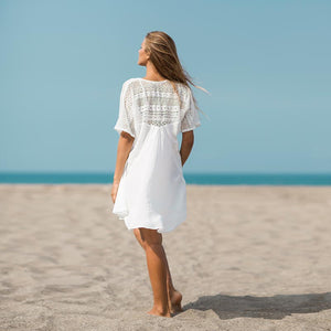 V-Neck Short Sleeve Beach Cover Up #Beach Dress #White # SA-BLL384963 Sexy Swimwear and Cover-Ups & Beach Dresses by Sexy Affordable Clothing