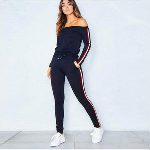 Lorren Black Off Shoulder Striped Jumper Loungewear Set #Black #Pant Sets SA-BLL2059-2 Sexy Clubwear and Pant Sets by Sexy Affordable Clothing