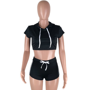 Play A Game Of Tennis Short Set - Black/White #Stripe #Hooded #Crop Top SA-BLL282653-1 Sexy Clubwear and Pant Sets by Sexy Affordable Clothing