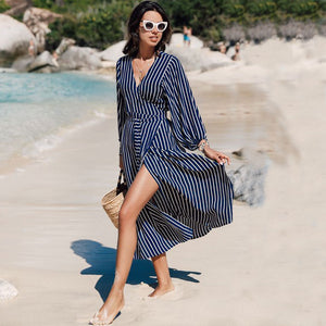 Sexy Stripe Long Sleeve Beach Vacation Dress #V Neck #Striped SA-BLL38539 Sexy Swimwear and Cover-Ups & Beach Dresses by Sexy Affordable Clothing