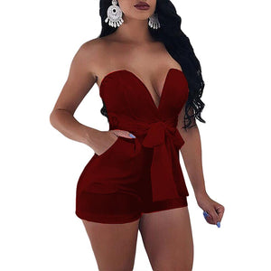 Sexy Strapless Sweetheart Plain Rompers With Belt #V-Neck #Strapless #Claret SA-BLL55511-3 Women's Clothes and Jumpsuits & Rompers by Sexy Affordable Clothing