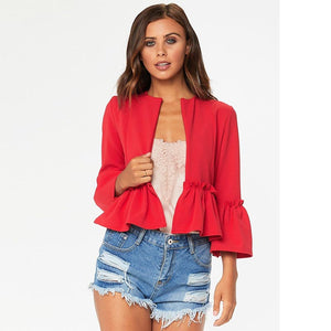 Sexy Puff Sleeves Ruffles Open Front Jacket Short Blazer Outwear #Tops #Red SA-BLL631-1 Women's Clothes and Blouses & Tops by Sexy Affordable Clothing