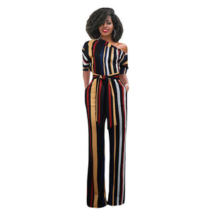 One Off Shoulder Print Colorful Striped Jumpsuit w/ Belt #One Shoulder #Striped SA-BLL55515-5 Women's Clothes and Jumpsuits & Rompers by Sexy Affordable Clothing