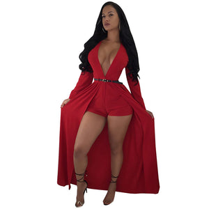 Deep V-neck High Waisted Flowy Cape Romper #Long Sleeve #V-Neck #High Waisted SA-BLL55605-1 Women's Clothes and Jumpsuits & Rompers by Sexy Affordable Clothing