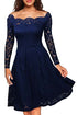 Blue Long Sleeve Floral Lace Boat Neck Cocktail Swing Dress #Blue