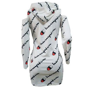 Women's Print Cold Shoulder Long Hoodies Club Dress #White #Hooded SA-BLL27770-1 Fashion Dresses and Mini Dresses by Sexy Affordable Clothing