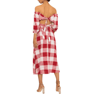 Red Plaid Pleated Off Shoulder Bandage Top And Maxi Skirt With Pockets #Off Shoulder #Plaid SA-BLL282559 Sexy Clubwear and Skirt Sets by Sexy Affordable Clothing