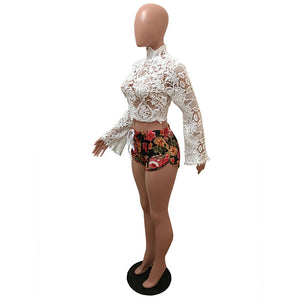 White Floral Embroidered Bell Long Sleeves Crop Top #White #Long Sleeve #Floral #Crop #Mock Nec SA-BLL703 Women's Clothes and Blouses & Tops by Sexy Affordable Clothing