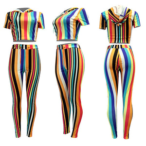 Easy To Love Colorful Striped Pant Set #Two Piece #Hooded #Striped SA-BLL282736 Sexy Clubwear and Pant Sets by Sexy Affordable Clothing