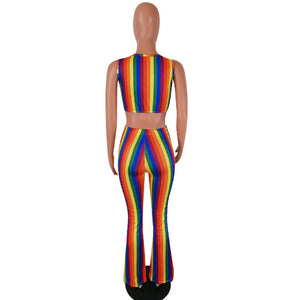 Dew Shoulder Striped Multi Two-piece Pants Set #Sleeveless #Two Piece #Striped SA-BLL282733-3 Sexy Clubwear and Pant Sets by Sexy Affordable Clothing