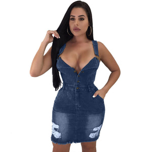 Denim Wide Straps V-neck Bodycon Dress #V-Neck #Denim #Button #Wide Straps SA-BLL2066-2 Fashion Dresses and Mini Dresses by Sexy Affordable Clothing