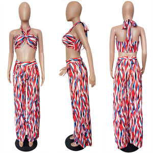 Halter Mixed Color Printed Two-Piece Outfits With Wide Leg #Halter #Two Piece #Printed SA-BLL282749-1 Sexy Clubwear and Pant Sets by Sexy Affordable Clothing