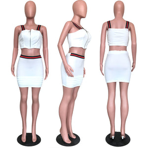 Sleeveless Square Neck Zipper Crop Top & Mini Skirt Set #White #Two Pieces #Sleeveless #Zipper SA-BLL282586 Sexy Clubwear and Pant Sets by Sexy Affordable Clothing