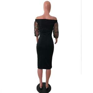 Off Shoulder Side Mesh Midi Party Dress With Flower Pop Sleeve #Black #Short Sleeve #Mesh #Slash Neck SA-BLL36218-1 Fashion Dresses and Midi Dress by Sexy Affordable Clothing