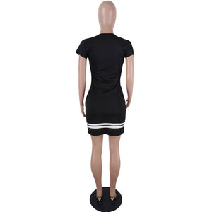 Letter Print Club Dress With Drawstring Waist #Black #Short Sleeve #O Neck SA-BLL282664-1 Sexy Clubwear and Club Dresses by Sexy Affordable Clothing