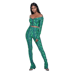 Green Rattlesnake Crop Top And Pant #Off Shoulder SA-BLL2247-1 Sexy Clubwear and Pant Sets by Sexy Affordable Clothing
