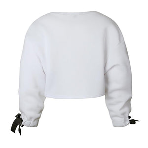 Women's Drop Shoulder Cuff Drawstring Bow Letter Print Pullover Crop Top #White #Top SA-BLL639-1 Women's Clothes and Blouses & Tops by Sexy Affordable Clothing