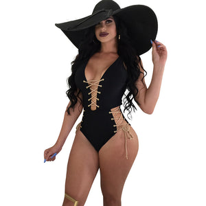 Chic Lace-up Polyester One-piece Swimwear #Black #V-Neck #One Piece #Lace-Up SA-BLL8059-1 Sexy Lingerie and Teddys by Sexy Affordable Clothing