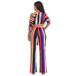 One Off Shoulder Print Colorful Striped Jumpsuits With Belt #One Shoulder #Striped SA-BLL55375-5 Women's Clothes and Jumpsuits & Rompers by Sexy Affordable Clothing