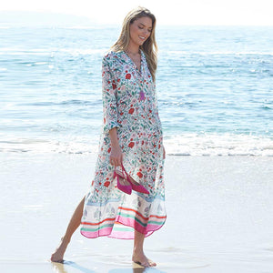 Turn-down Collar Chiffon Long Sleeve Beach Robe #V Neck #Print #Chiffon SA-BLL38615 Sexy Swimwear and Cover-Ups & Beach Dresses by Sexy Affordable Clothing