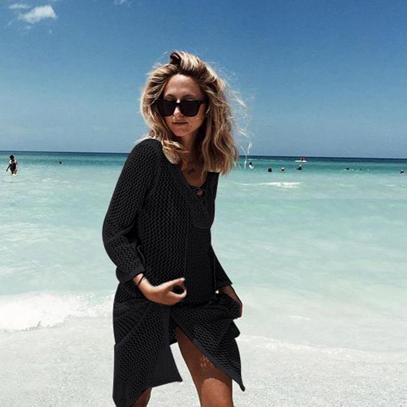 Black Lace-up Neck Long Fishnet Beachwear Dress #Black  SEXY AFFORDABLE  CLOTHING