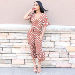 Polka-dot V-neck Short Sleeve Sexy Jumpsuit #V-Neck #Wide Leg #Polka SA-BLL55579 Women's Clothes and Jumpsuits & Rompers by Sexy Affordable Clothing