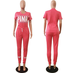 Short Sleeve Letters T-Shirt and Sports Pants #Pink #Two Piece SA-BLL28205-2 Sexy Clubwear and Pant Sets by Sexy Affordable Clothing