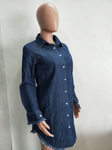 Chambray Stone Frayed Shirt Denim Shift Dress With Tassel #Long Sleeve #Turn-Down Neck SA-BLL2093-4 Fashion Dresses and Mini Dresses by Sexy Affordable Clothing