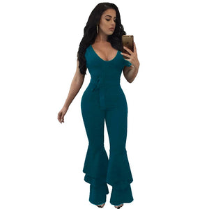 V Neck Sleeveless Falbala Design Green Jumpsuits #Jumpsuit #Green SA-BLL55365-1 Women's Clothes and Jumpsuits & Rompers by Sexy Affordable Clothing