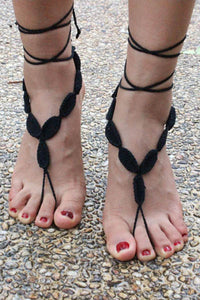 Black Crochet Leaves String Barefoot Sandals  SA-BLL98004-2 Accessories and Sexy Anklets by Sexy Affordable Clothing
