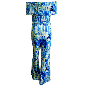 Blue Off Shoulder Floral Pattern Tie Waist Casual Jumpsuit #Off Shoulder #Printed SA-BLL55573 Women's Clothes and Jumpsuits & Rompers by Sexy Affordable Clothing