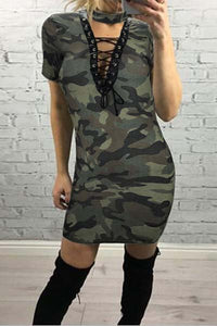 Short Sleeve Choker Neck Camouflage Mini Dress  SA-BLL28201 Fashion Dresses and Mini Dresses by Sexy Affordable Clothing