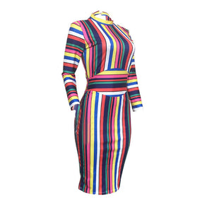 Colorful Striped Stand CollarMid Dress #Long Sleeve #Striped #Print SA-BLL36264 Fashion Dresses and Midi Dress by Sexy Affordable Clothing