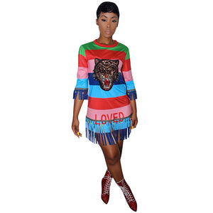 Colorful Stripped Sequins Fringe Tiger Shirt Dress #Stripe #Sequins #Fringe #Loved SA-BLL282468 Fashion Dresses and Mini Dresses by Sexy Affordable Clothing