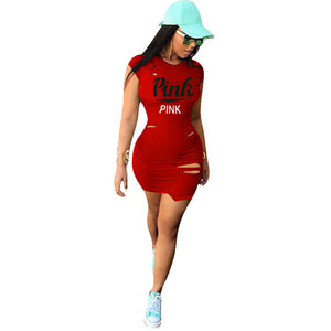 Women's O Neck Short Sleeve Ripped T Shirt Dress #Pink #Red #Short Sleeve #O Neck #Letter SA-BLL282633-3 Fashion Dresses and Mini Dresses by Sexy Affordable Clothing