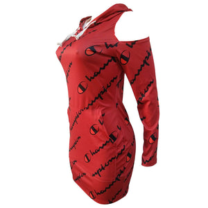 Women's Print Cold Shoulder Long Hoodies Club Dress #Red #Hooded SA-BLL27770-2 Fashion Dresses and Mini Dresses by Sexy Affordable Clothing