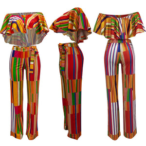 Get Your Groove On Pants Set - Rainbow #Off Shoulder #Printed #Crop Top SA-BLL282707 Sexy Clubwear and Pant Sets by Sexy Affordable Clothing