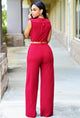 Deep V-Neck Red Belted Jumpsuit  SA-BLL55169-1 Women's Clothes and Jumpsuits & Rompers by Sexy Affordable Clothing