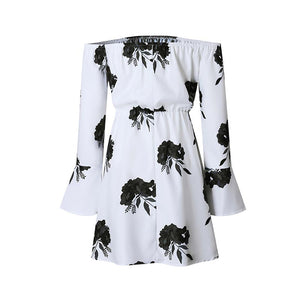 Black White Off Shoulder Floral Print Drawstring Vacation Dress #White #Black SA-BLL28237-2 Fashion Dresses and Mini Dresses by Sexy Affordable Clothing