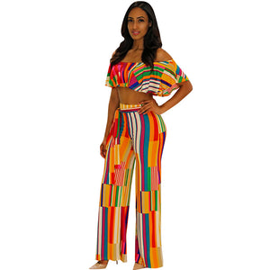 Get Your Groove On Pants Set - Rainbow #Off Shoulder #Printed #Crop Top SA-BLL282707 Sexy Clubwear and Pant Sets by Sexy Affordable Clothing