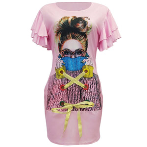 Kaira Ruffle Sleeve Graphic Mini Dress #Pink #Round Neck #Ruffle Sleeve SA-BLL282511-2 Fashion Dresses and Mini Dresses by Sexy Affordable Clothing