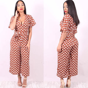 Polka-dot V-neck Short Sleeve Sexy Jumpsuit #V-Neck #Wide Leg #Polka SA-BLL55579 Women's Clothes and Jumpsuits & Rompers by Sexy Affordable Clothing