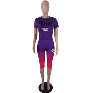 Sports Print Gradient Shirt And Mid Pants #Pink #Two Piece #Print #Letter #Sports SA-BLL282668-2 Sexy Clubwear and Pant Sets by Sexy Affordable Clothing