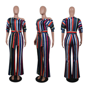 One Off Shoulder Print Colorful Striped Jumpsuits With Belt #One Shoulder #Striped SA-BLL55375-2 Women's Clothes and Jumpsuits & Rompers by Sexy Affordable Clothing