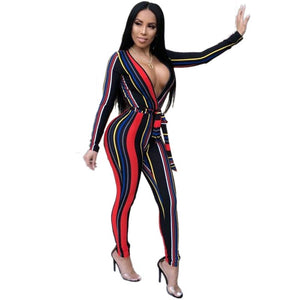 Marbella V Collar Jumpsuit (Black Multi) #Jumpsuit #V Neck #Stripe SA-BLL55256 Women's Clothes and Jumpsuits & Rompers by Sexy Affordable Clothing