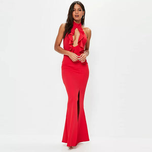 Red High Neck Keyhole Frill Detail Evening Dress #Maxi Dress #Red #Evening Dress SA-BLL5040 Fashion Dresses and Evening Dress by Sexy Affordable Clothing